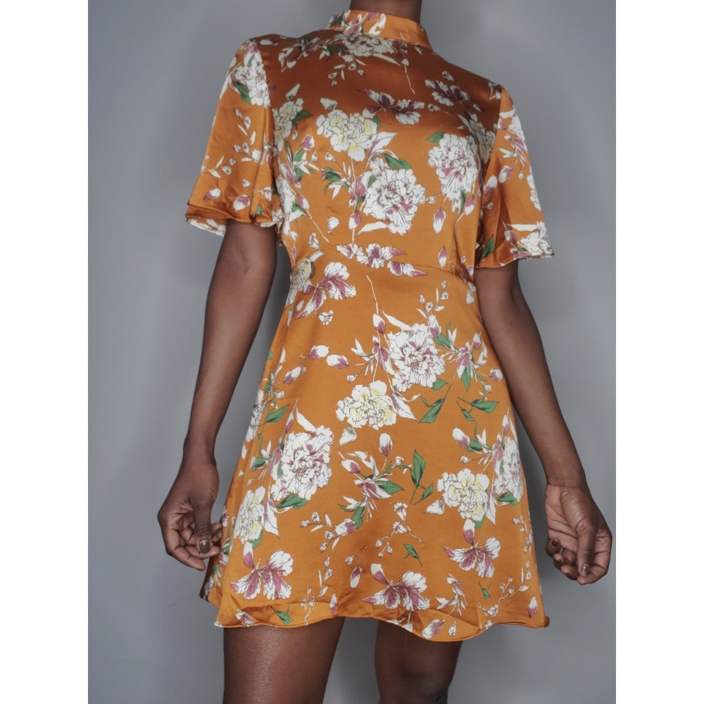 Vera & Lucy Golden Brown Floral Print Mini Dress